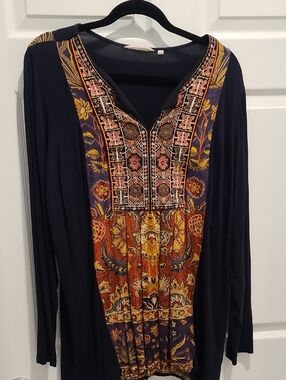 Soft SurroundingBoho Embroidered V-Neck Tunic in Blac with Rust and Gold Accents